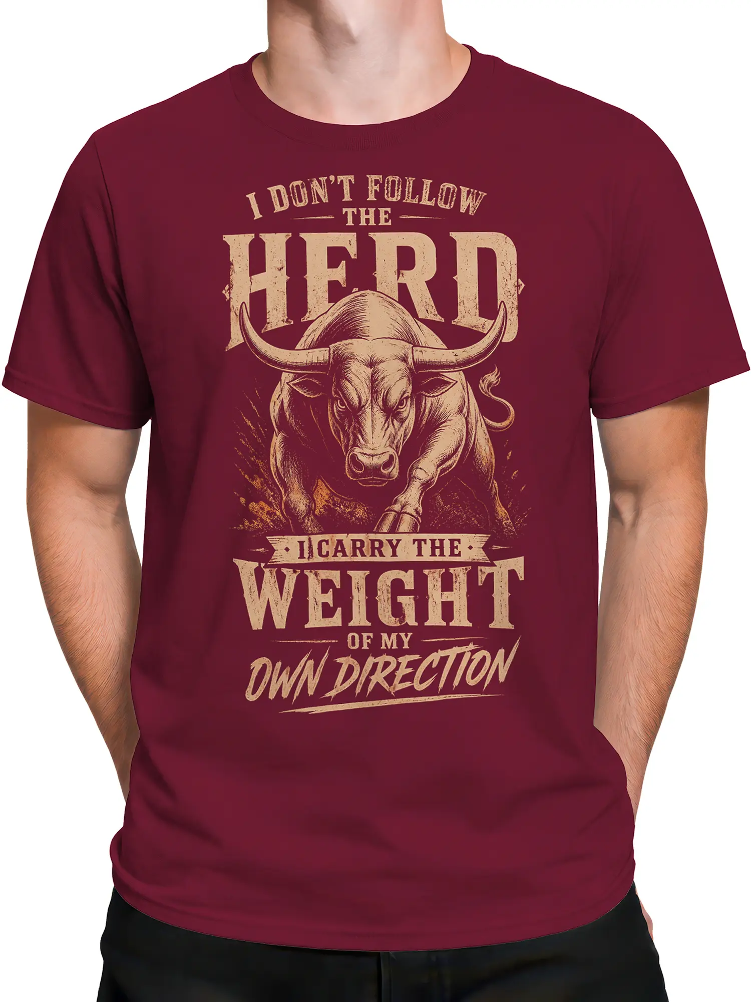 Male torso wearing a burgundy vintage bull T-shirt with charging artwork and cream lettering