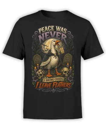 Black goose t-shirt with a cloaked bird, skulls, candles, moon, and gothic chaos lettering