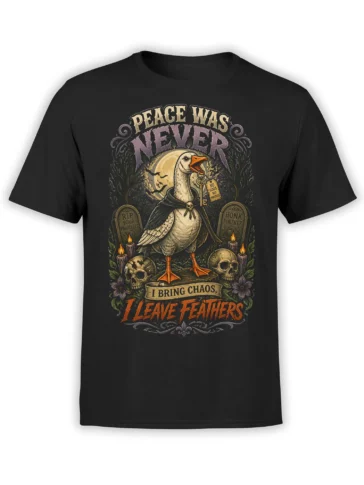 Black goose t-shirt with a cloaked bird, skulls, candles, moon, and gothic chaos lettering