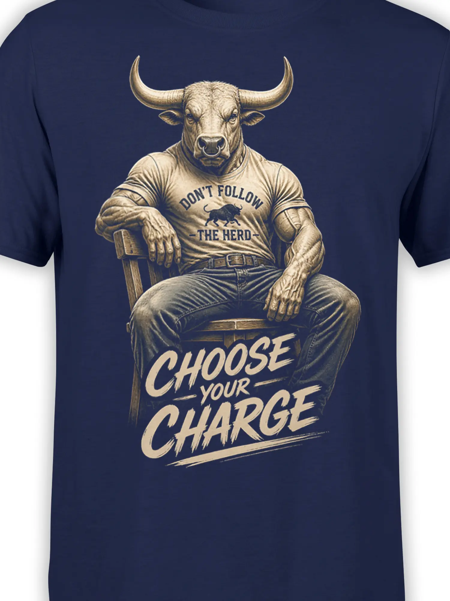 Close-up of seated bull artwork and “Don’t Follow the Herd” text on navy fabric
