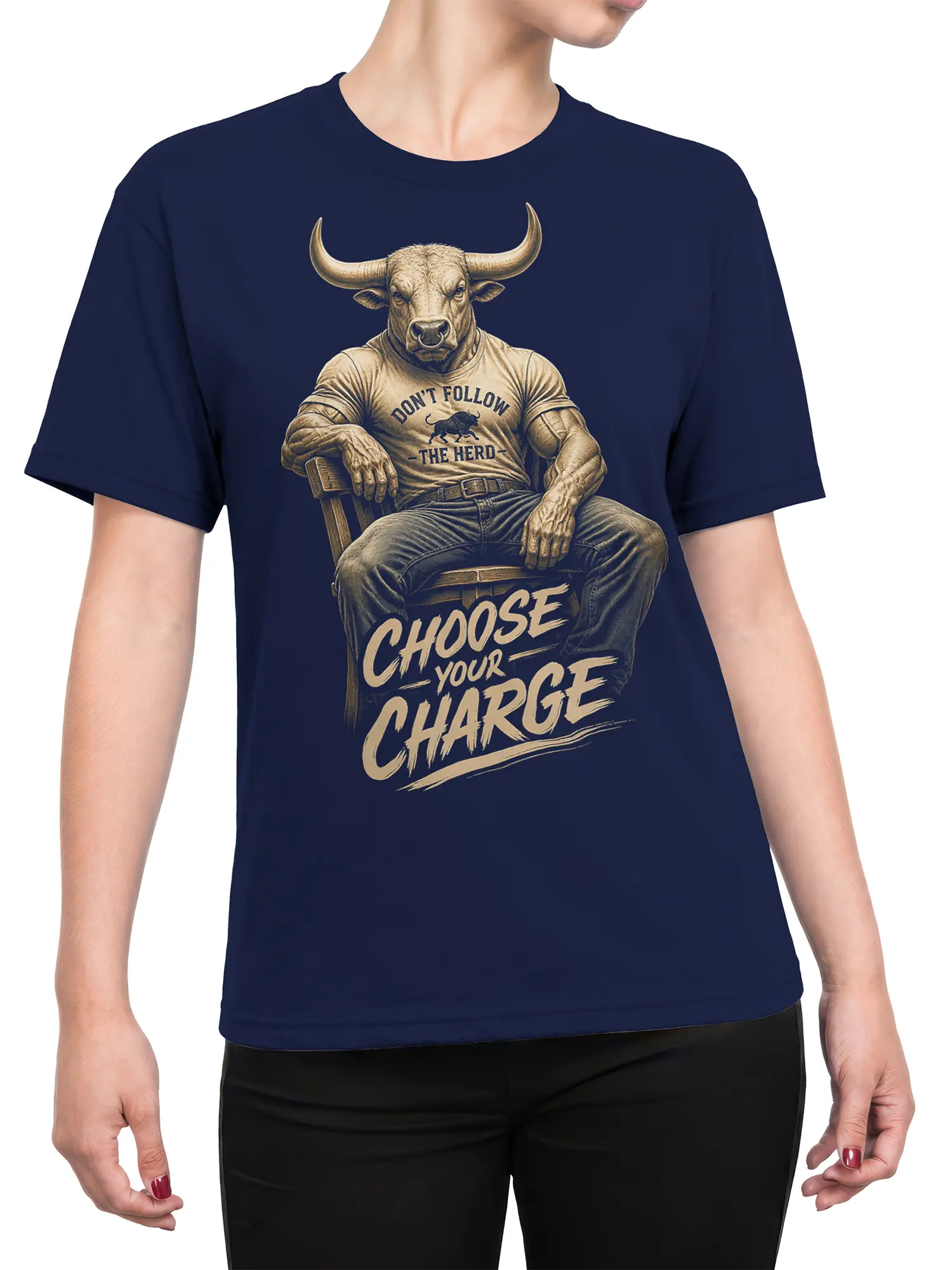 Female torso wearing a navy bull graphic T-shirt with “Choose Your Charge” lettering