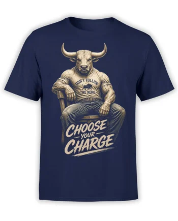 Seated bull graphic with “Choose Your Charge” slogan printed on a navy T-shirt