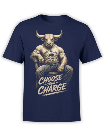 Seated bull graphic with “Choose Your Charge” slogan printed on a navy T-shirt