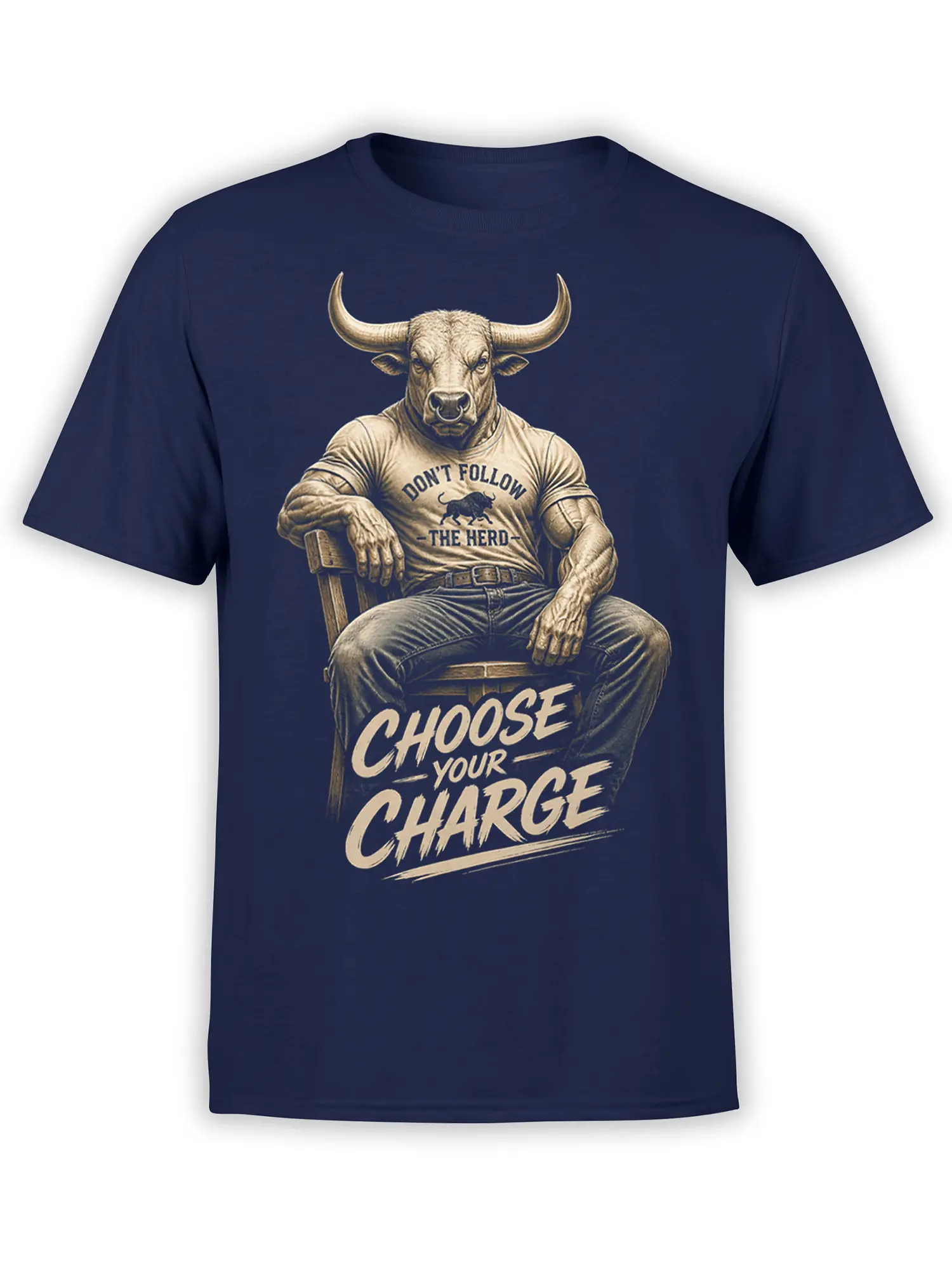 Seated bull graphic with “Choose Your Charge” slogan printed on a navy T-shirt