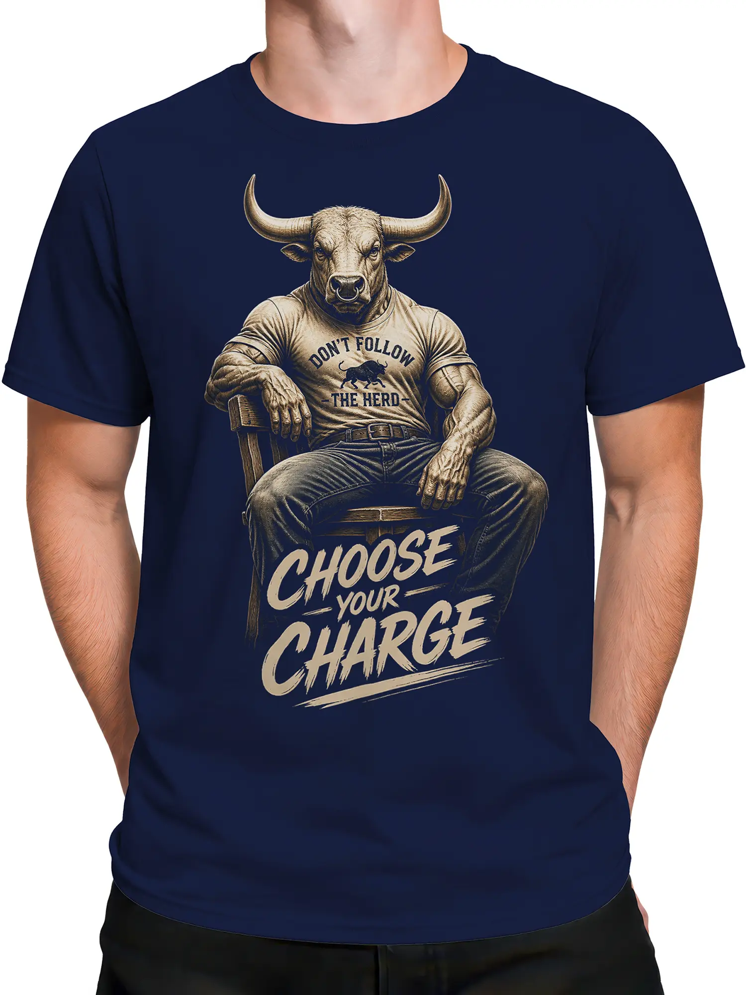 Male torso wearing a navy T-shirt with seated bull and vintage slogan artwork