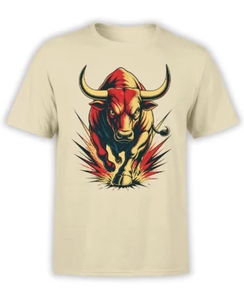 Front view of a cream T-shirt with a fierce red, black, and gold charging bull graphic