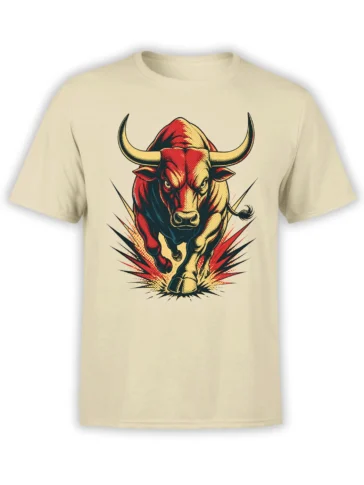 Front view of a cream T-shirt with a fierce red, black, and gold charging bull graphic