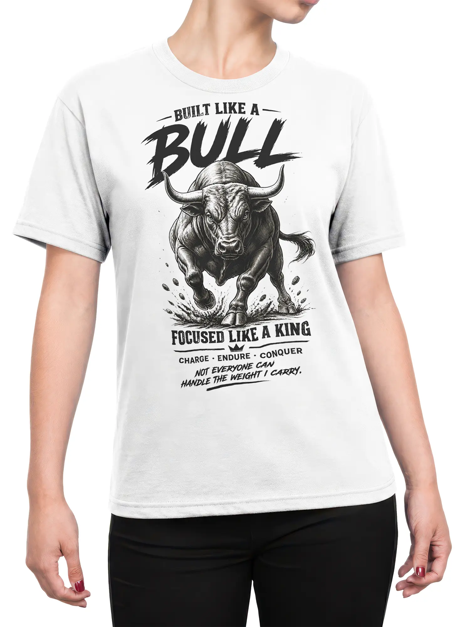 Female torso wearing a white T-shirt with a bold charging bull and king mindset design
