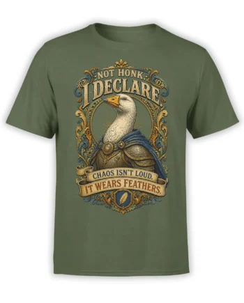 Armored goose in a blue cape with ornate text and feather crest on an olive green T-shirt