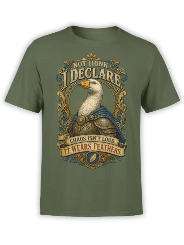 Armored goose in a blue cape with ornate text and feather crest on an olive green T-shirt