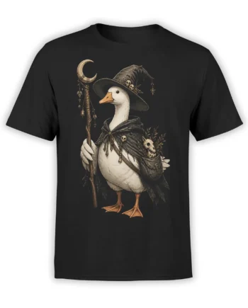 Dark fantasy goose wizard wearing a skull-trimmed hat and cloak on a black T-shirt