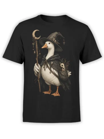 Dark fantasy goose wizard wearing a skull-trimmed hat and cloak on a black T-shirt