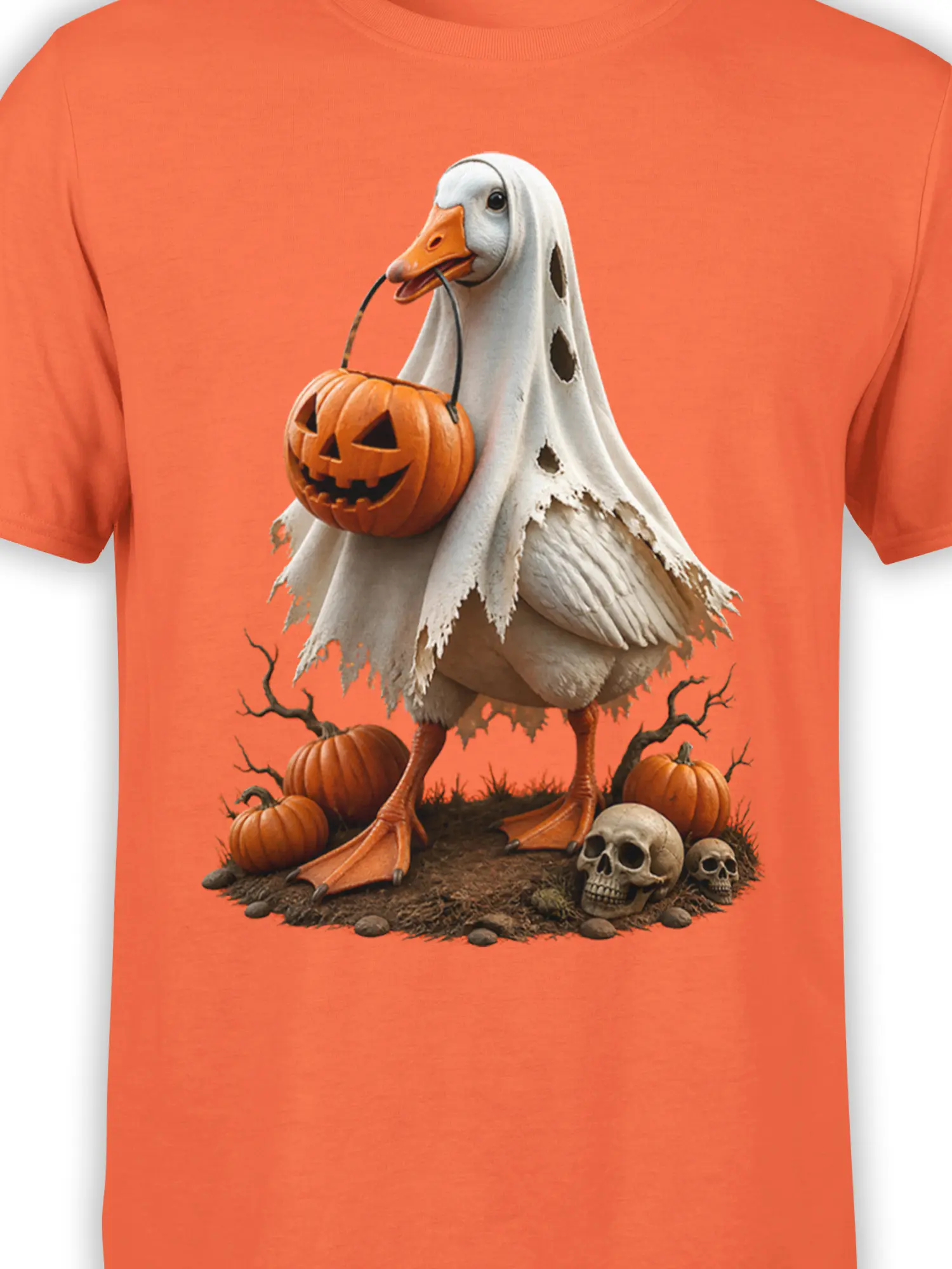 Close-up of ghost goose artwork with jack-o'-lantern, pumpkins, and skulls on an orange shirt