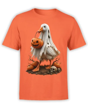 Ghost-costumed goose carrying a jack-o'-lantern among pumpkins and skulls on an orange T-shirt