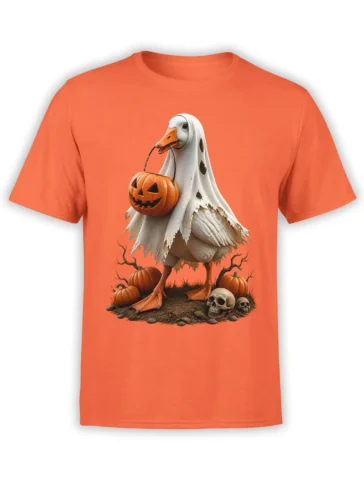 Ghost-costumed goose carrying a jack-o'-lantern among pumpkins and skulls on an orange T-shirt