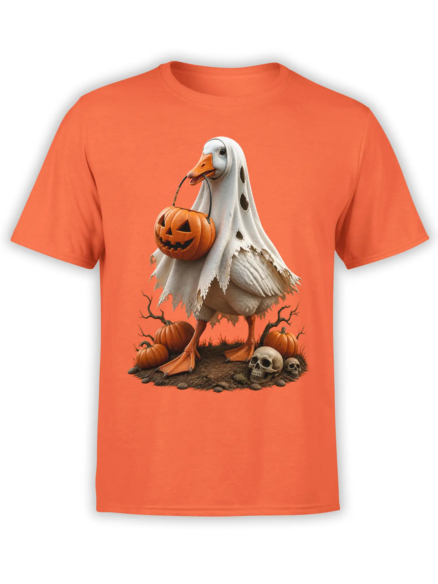 Ghost-costumed goose carrying a jack-o'-lantern among pumpkins and skulls on an orange T-shirt