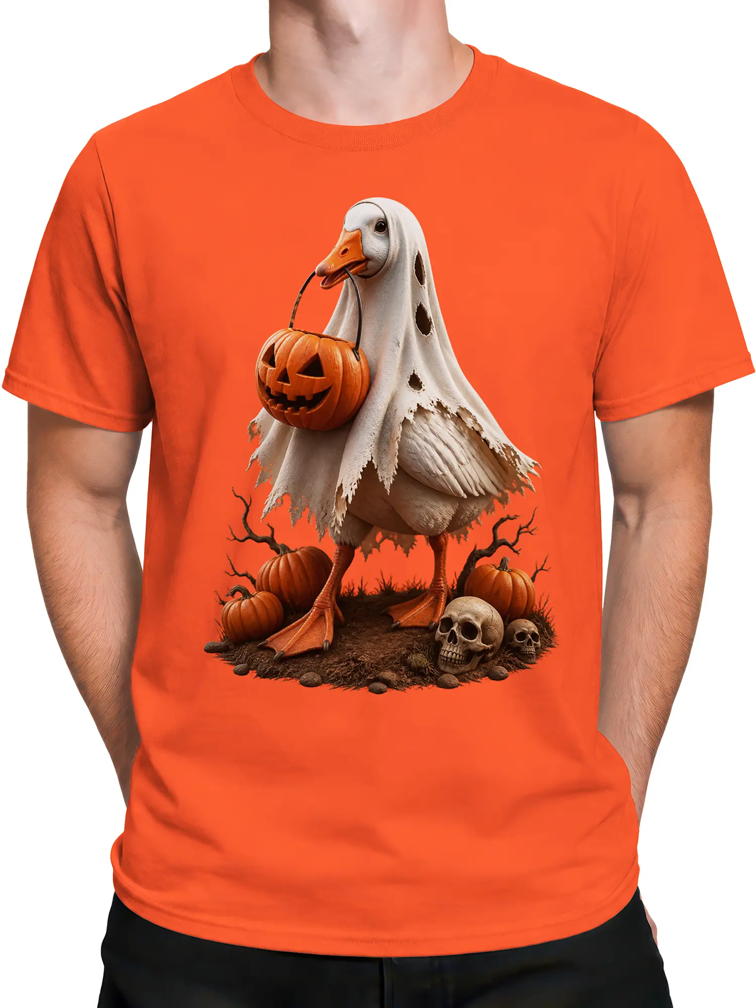 Male torso wearing an orange T-shirt with a ghost-costumed goose and spooky pumpkin scene