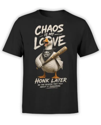 Black goose T-shirt with sunglasses, anarchy bandana, bat, and bold “Chaos Is My Love” lettering