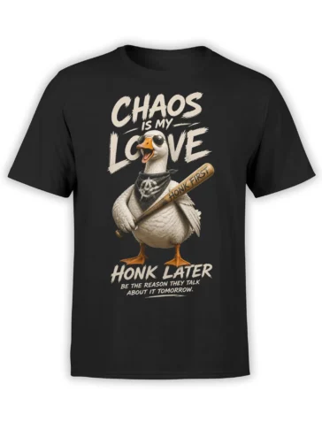 Black goose T-shirt with sunglasses, anarchy bandana, bat, and bold “Chaos Is My Love” lettering