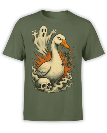 Spectral goose holding keys above a skull on an olive green graphic T-shirt