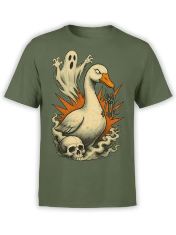 Spectral goose holding keys above a skull on an olive green graphic T-shirt