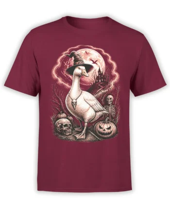 Gothic goose Halloween design on a burgundy T-shirt with pumpkins, skeletons, bats, and a haunted castle