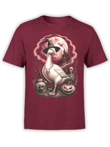 Gothic goose Halloween design on a burgundy T-shirt with pumpkins, skeletons, bats, and a haunted castle