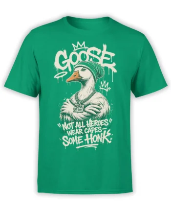 Green goose T-shirt with beanie, chain, graffiti lettering, and “Not All Heroes Wear Capes” slogan