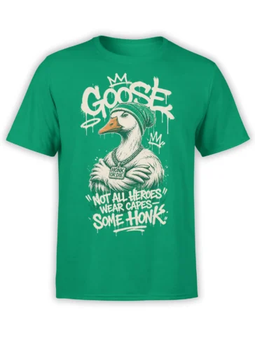 Green goose T-shirt with beanie, chain, graffiti lettering, and “Not All Heroes Wear Capes” slogan