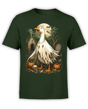 Ghostly white goose graphic with pumpkins, bats, bones, and a moonlit graveyard on a dark green T-shirt