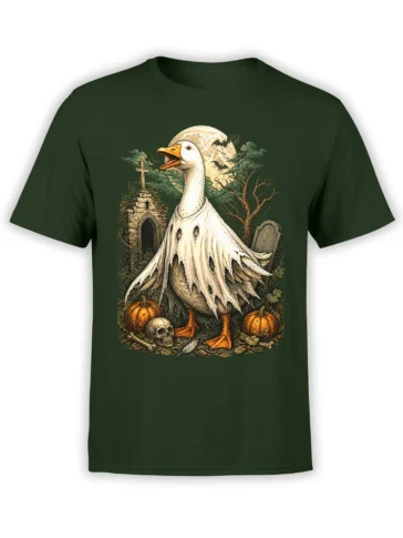 Ghostly white goose graphic with pumpkins, bats, bones, and a moonlit graveyard on a dark green T-shirt