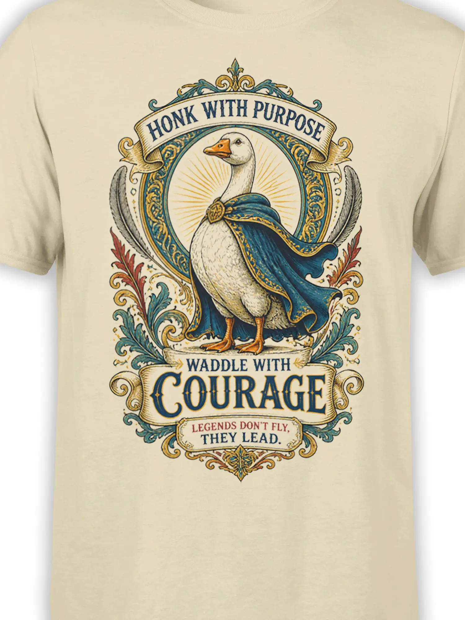 Close-up of a caped goose graphic with blue and gold details and vintage banner lettering on beige fabric