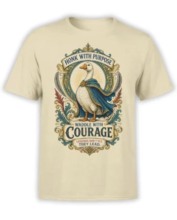 Vintage goose crest T-shirt in beige with a blue cape, ornate frame, and “Honk With Purpose” lettering