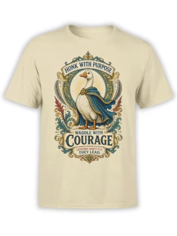 Vintage goose crest T-shirt in beige with a blue cape, ornate frame, and “Honk With Purpose” lettering