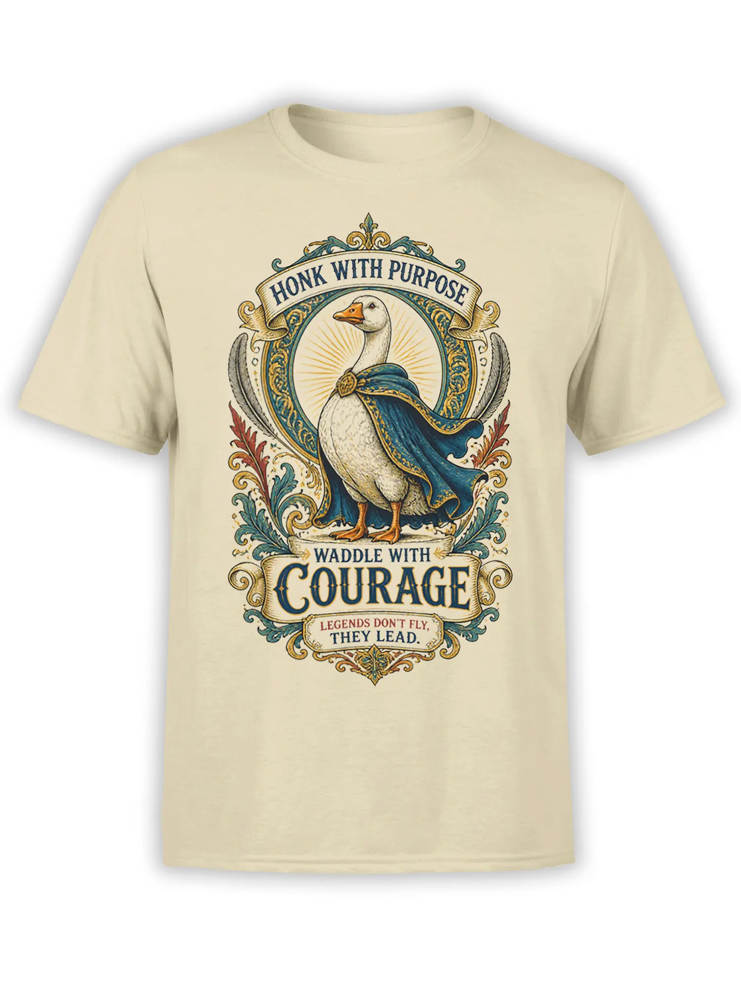 Vintage goose crest T-shirt in beige with a blue cape, ornate frame, and “Honk With Purpose” lettering