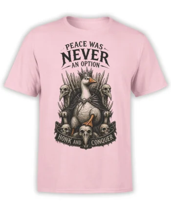 Pink T-shirt with crowned goose-like bird on a skull throne and Honk and Conquer artwork