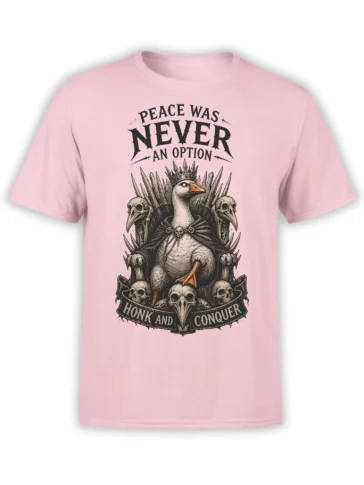 Pink T-shirt with crowned goose-like bird on a skull throne and Honk and Conquer artwork