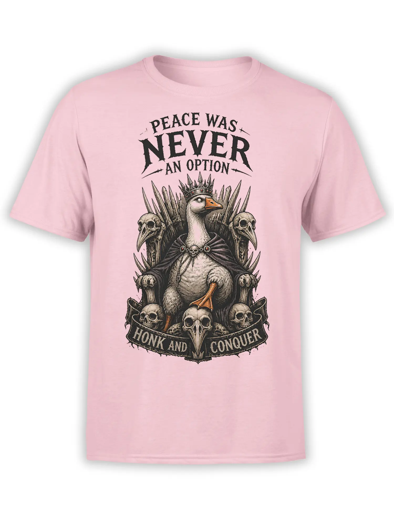 Pink T-shirt with crowned goose-like bird on a skull throne and Honk and Conquer artwork