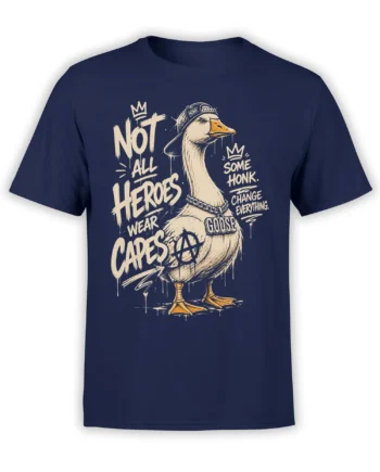 Crowned goose wearing a HONK cap with bold rebellious lettering on a navy graphic T-shirt