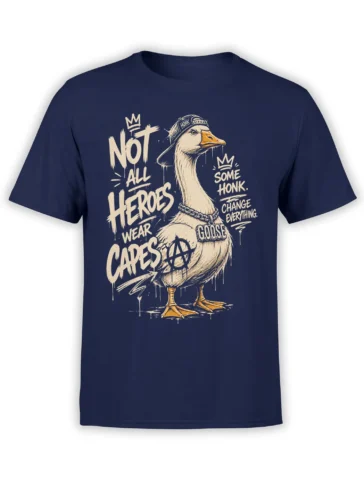 Crowned goose wearing a HONK cap with bold rebellious lettering on a navy graphic T-shirt