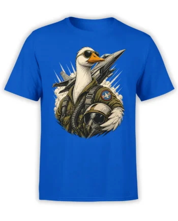 White duck in aviator sunglasses and military flight gear with fighter jets on a blue T-shirt