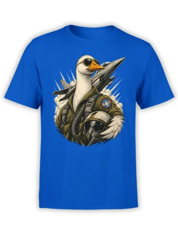 White duck in aviator sunglasses and military flight gear with fighter jets on a blue T-shirt