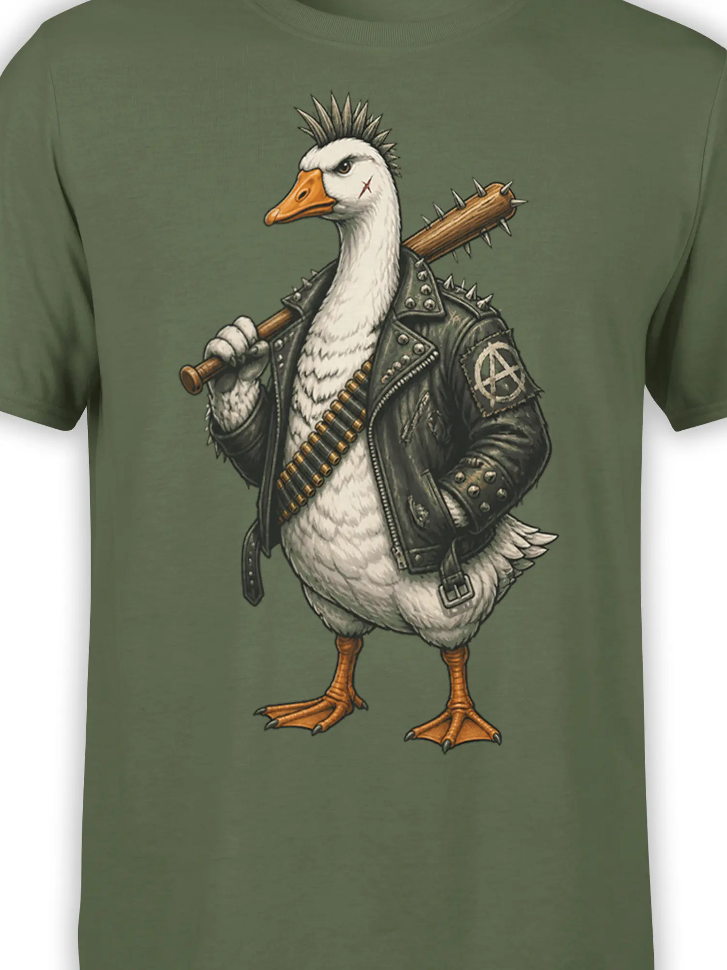 Close-up of punk goose artwork with mohawk, leather jacket, spikes, and club on a green shirt