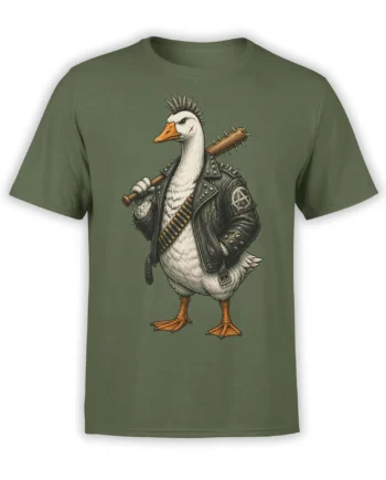 Rebellious punk goose wearing a spiked biker jacket and holding a club on a green T-shirt