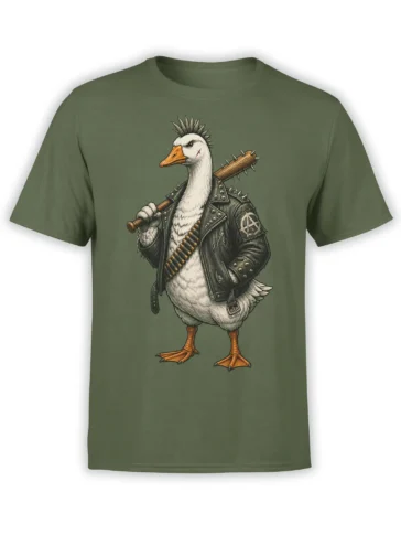 Rebellious punk goose wearing a spiked biker jacket and holding a club on a green T-shirt