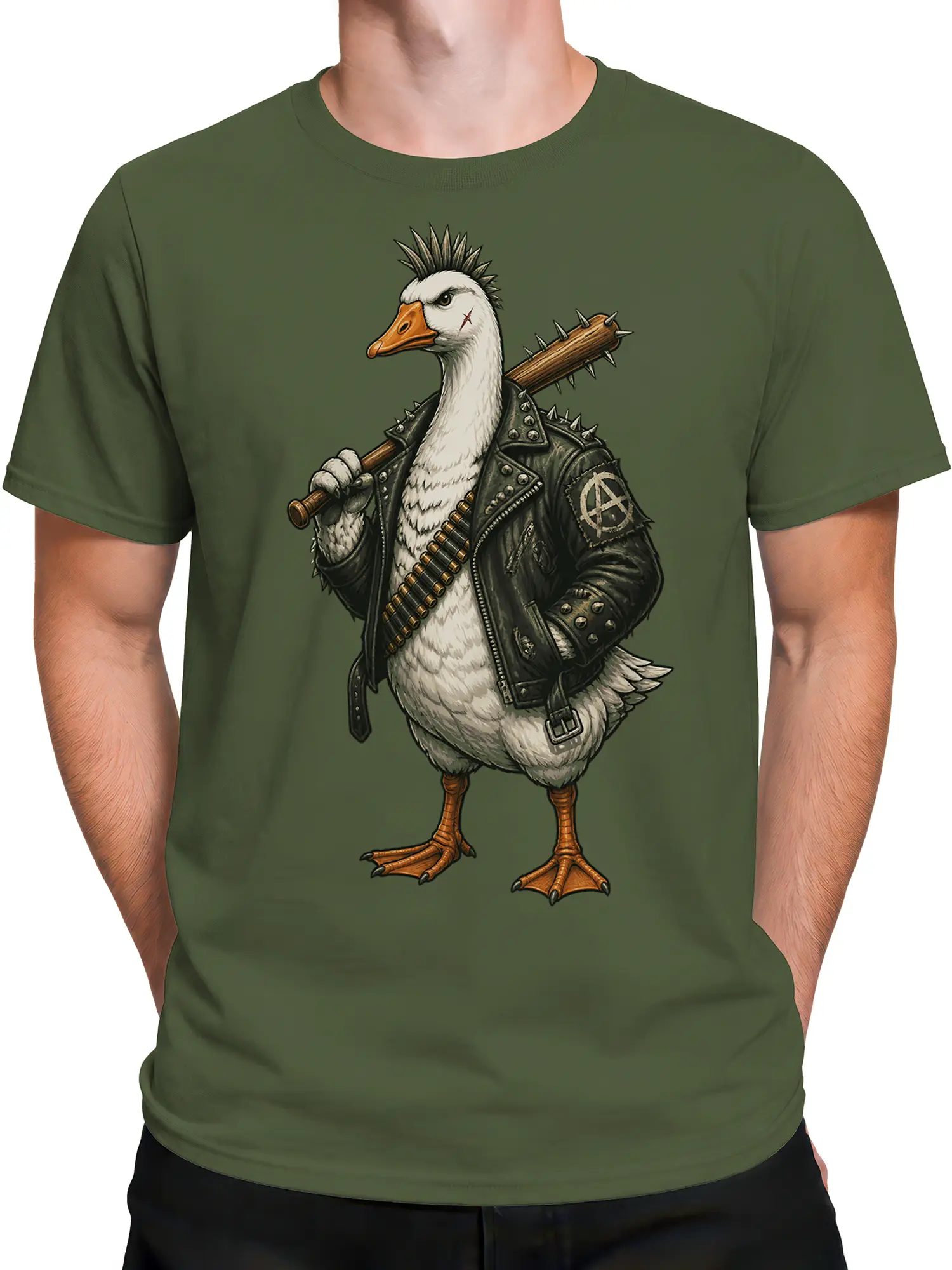 Male torso wearing a green T-shirt with a punk goose in a spiked jacket and mohawk holding a club