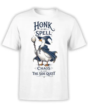 White fantasy t-shirt with a wizard duck, magical staff, starry cloak, and “Honk Is My Spell” artwork