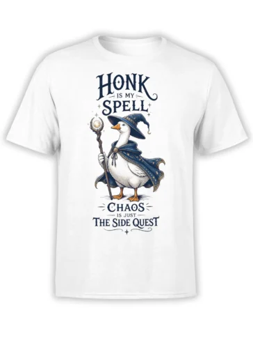 White fantasy t-shirt with a wizard duck, magical staff, starry cloak, and “Honk Is My Spell” artwork