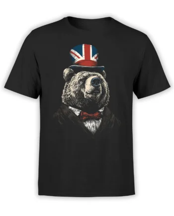Formal bear wearing a Union Jack top hat, dark suit, and red bow tie on a black T-shirt