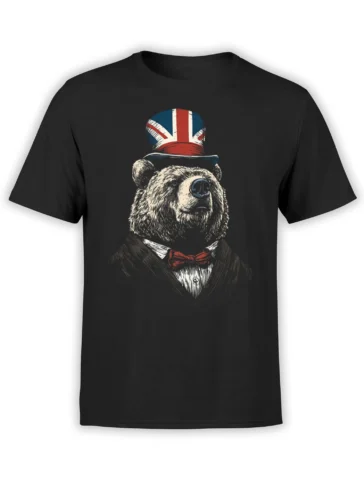 Formal bear wearing a Union Jack top hat, dark suit, and red bow tie on a black T-shirt